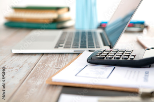 Financial practitioner's desk and items on it