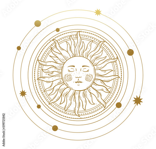 Vector illustration in vintage mystic style, boho design, tattoo, tarot. The device of the universe, the sun with a face, orbits with stars. Line drawing Isolated on a white background