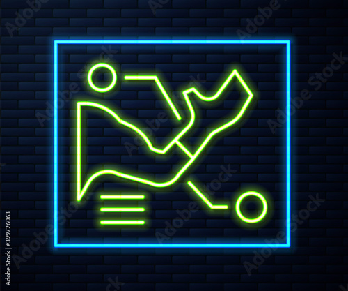 Glowing neon line Prosthesis hand icon isolated on brick wall background. Futuristic concept of bionic arm, robotic mechanical hand. Vector.