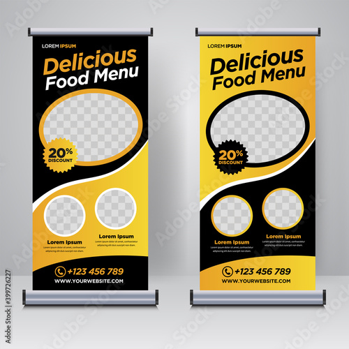 Food and Restaurant roll up banner design template	
