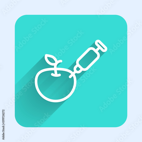 White line Genetically modified apple icon isolated with long shadow. GMO fruit. Syringe being injected to apple. Green square button. Vector.