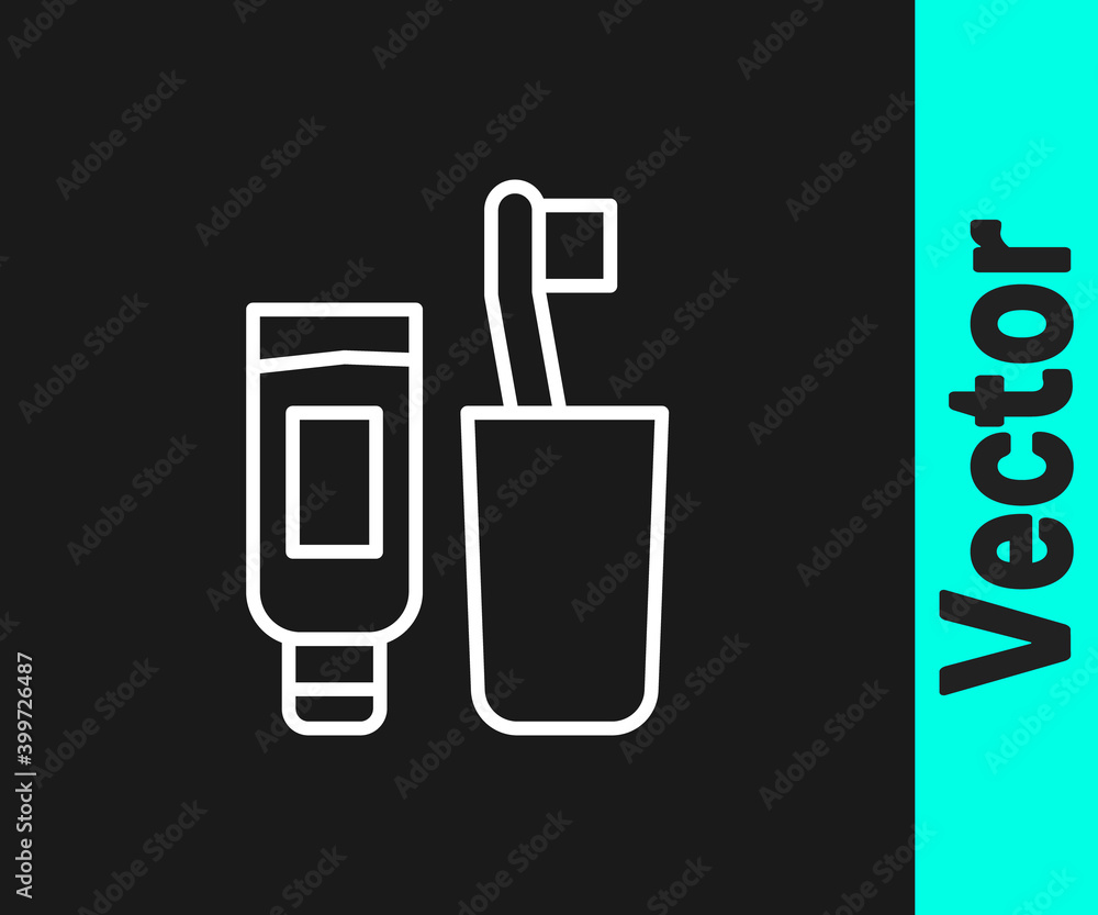 White line Toothbrush and tube of toothpaste icon isolated on black background. Disposable bathroom supplies. Vector. White line Toothbrush and tube of toothpaste icon isolated on black background. Disposable bathroom supplies. Vector.