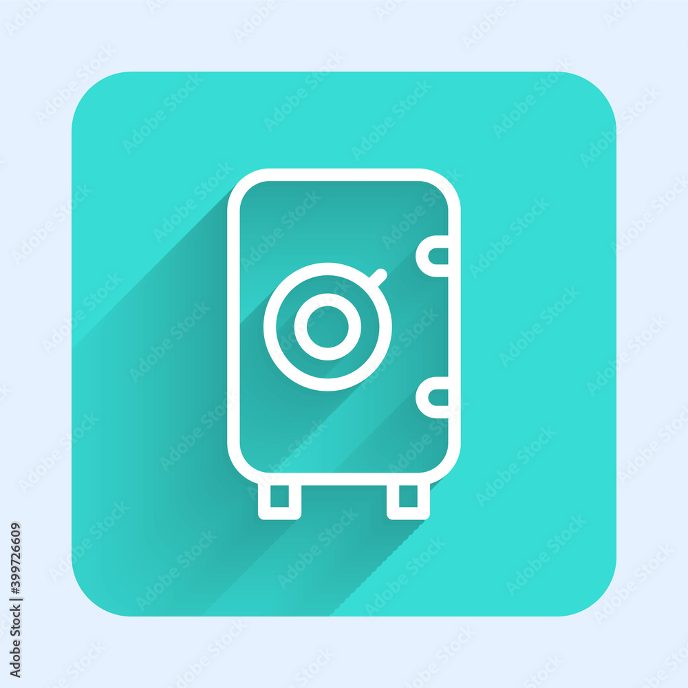 White line Safe icon isolated with long shadow. The door safe a bank vault with a combination lock. Reliable Data Protection. Green square button. Vector. White line Safe icon isolated with long shadow. The door safe a bank vault with a combination lock. Reliable Data Protection. Green square button. Vector.
