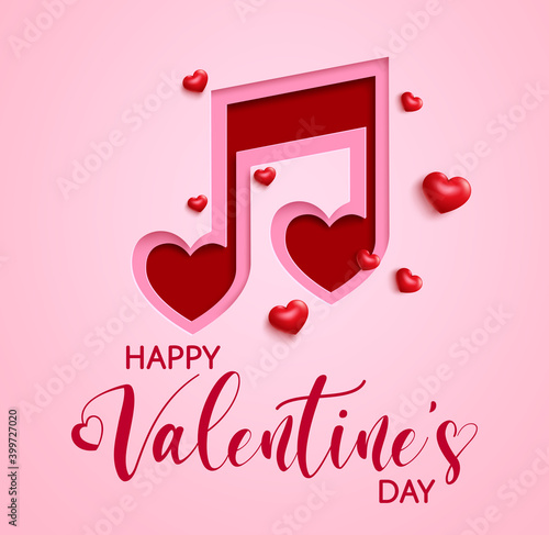 Valentine's music note vector banner background. Happy valentine's day greeting text with musical note shape paper cut element for valentine song celebration design. Vector illustration
