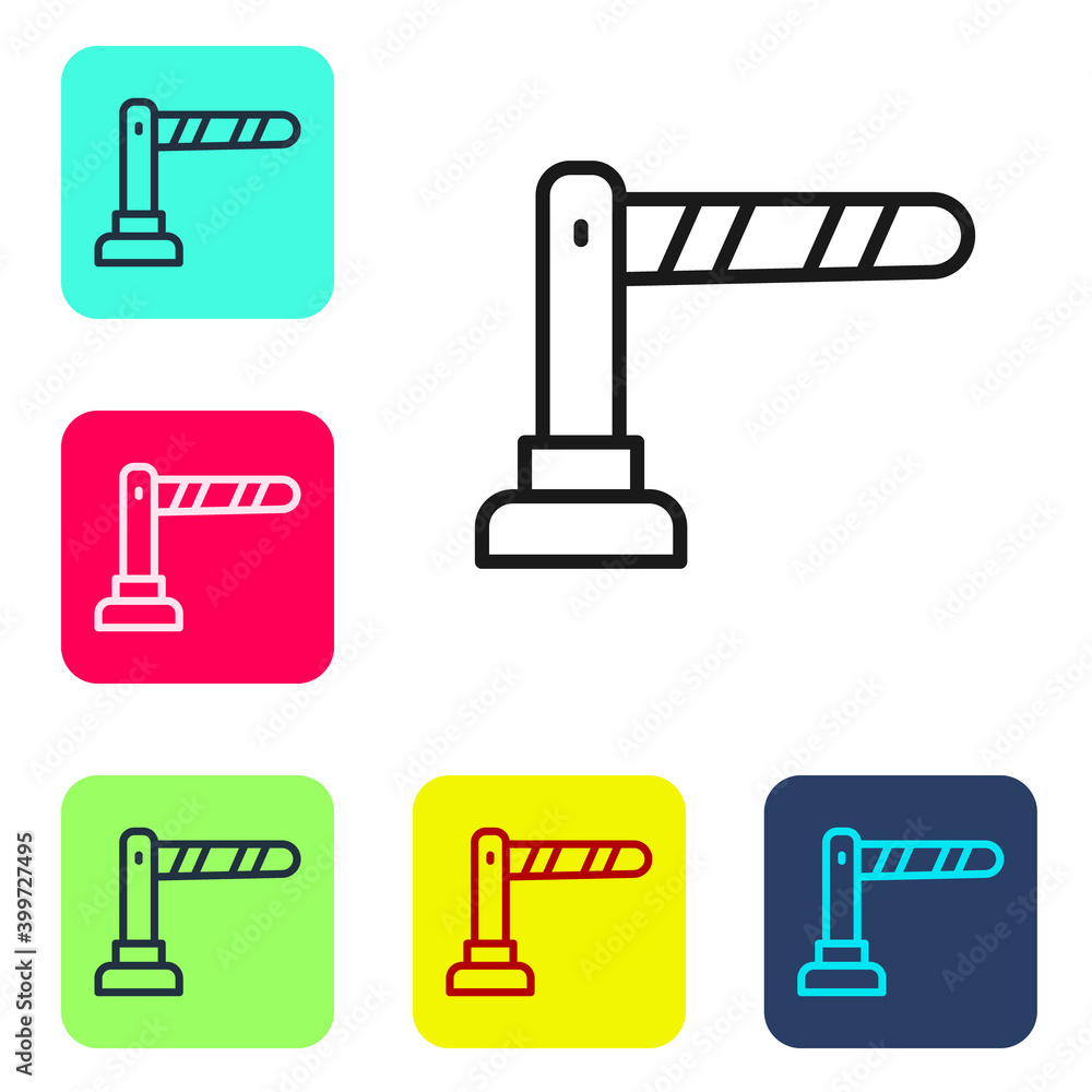 Black line Railway barrier icon isolated on white background. Set icons in color square buttons. Vector. Black line Railway barrier icon isolated on white background. Set icons in color square buttons. Vector.
