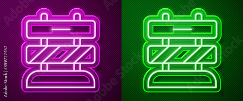 Glowing neon line End of railway tracks icon isolated on purple and green background. Stop sign. Railroad buffer end to destination. Vector.