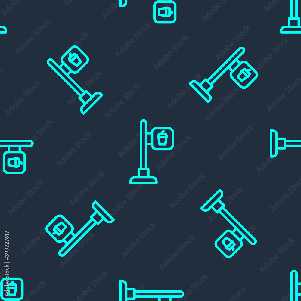 Green line Cafe and restaurant location icon isolated seamless pattern on blue background. Fork and spoon eatery sign inside pinpoint. Vector.. Green line Cafe and restaurant location icon isolated seamless pattern on blue background. Fork and spoon eatery sign inside pinpoint. Vector..