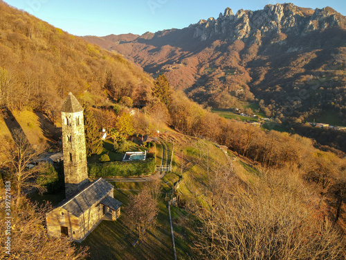 Obraz na plátně Aerial view at the church of Saint Martino on Colla valley near Lugano in Switze