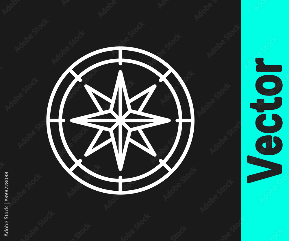 White line Compass icon isolated on black background. Windrose navigation symbol. Wind rose sign. Vector. White line Compass icon isolated on black background. Windrose navigation symbol. Wind rose sign. Vector.