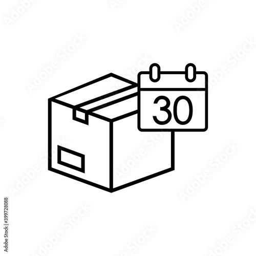 Logotipo 30 días de devolucion gratis del envío. Icono caja de cartón con calendario con 30 con lineas en color negro photo