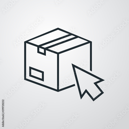 Logotipo enviar paquete. Icono caja de cartón con flecha de cursor con lineas en fondo gris