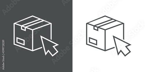 Logotipo enviar paquete. Icono caja de cartón con flecha de cursor con lineas en fondo gris y fondo blanco