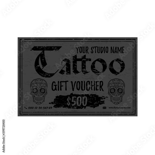 Vintage Tattoo gift voucher template. Grey grunge gift card with sugar rskulls.