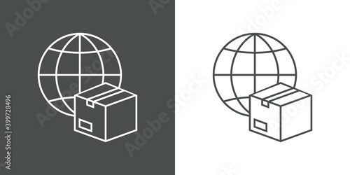 Logotipo envío internacional. Icono caja de cartón con globo terráqueo con lineas en fondo gris y fondo blanco