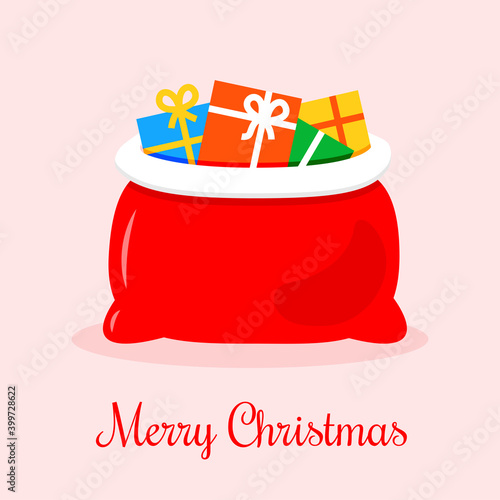 Red open santa bag with gifts. Christmas accessory. Isolated on white vector cartoon illustration