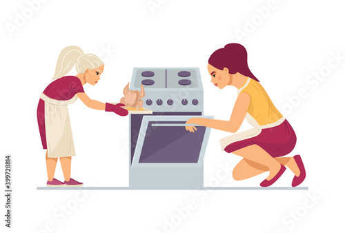 Сooking kids class. Cooks children. Kids cooking food, girl and mom cook together, put chicken in oven for baking at home in kitchen cartoon