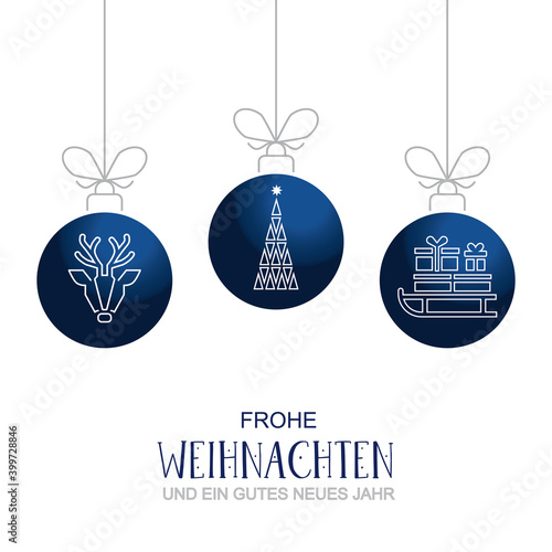 Weihnachtskarte mit blauen Weihnachtskugeln Vektor Illustration auf weißem Hintergrund - Weihnachtsbaum, Rentier und Schlitten mit Geschenken - deutscher Text