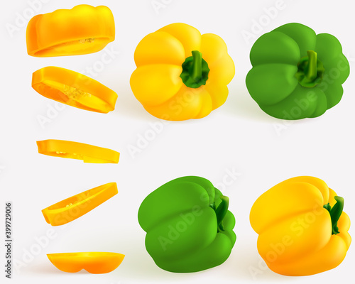 Hungarian pepper, realistic sweet papper. Capsicum habanero colorful paprika isolated on light background.