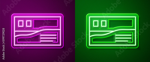Glowing neon line Postcard travel icon isolated on purple and green background. Vector.