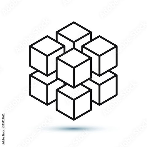 Geometric cube of 8 smaller isometric cubes. Abstract design element. Science or construction concept. Black outline 3D vector object. Eps10 vector illustration.