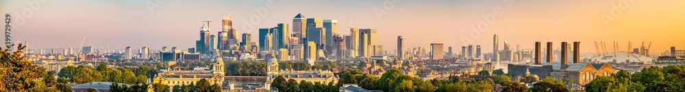 Morning panorama of Canary Wharf in London,England