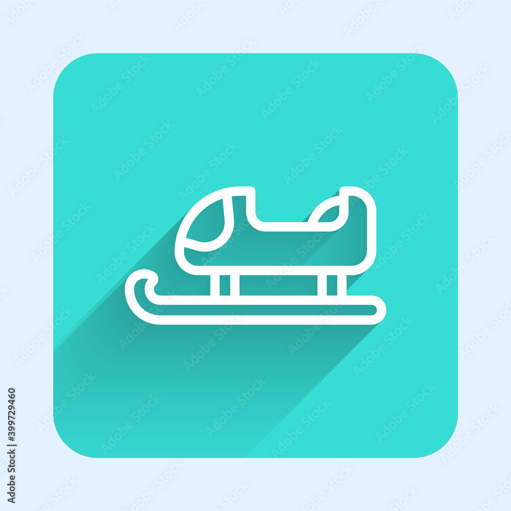 White line Sled icon isolated with long shadow. Winter mode of transport. Green square button. Vector. White line Sled icon isolated with long shadow. Winter mode of transport. Green square button. Vector.