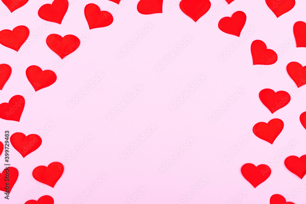 A card decorated with pattern red hearts, Valentine's Day. Celebration cards on pink background with copy space for your text. Banner.