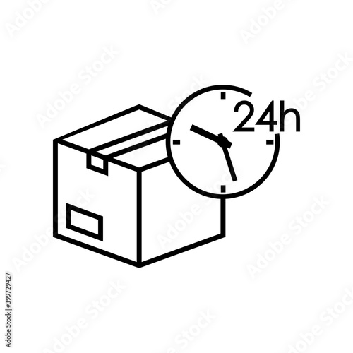 Logotipo entega rápida. Icono caja de cartón con reloj simple con texto 24 h con lineas en color negro