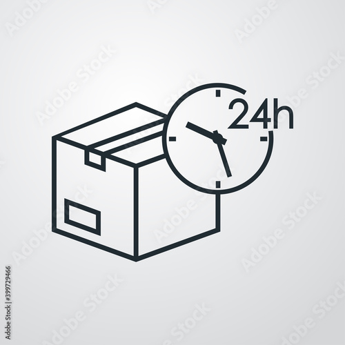 Logotipo entega rápida. Icono caja de cartón con reloj simple con texto 24 h con lineas en fondo gris