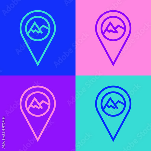 Pop art line Map pointer with mountain icon isolated on color background. Mountains travel icon. Vector.