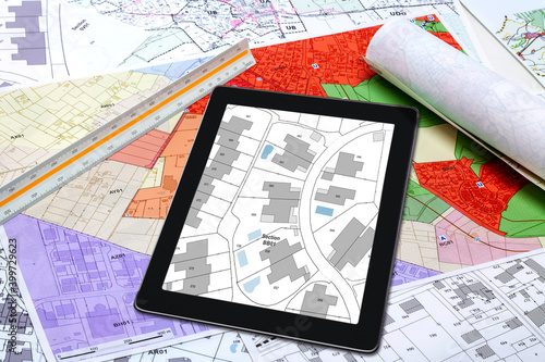 Urbanisme - Aménagement du territoire - Cartes de plan local d'urbanisme et cadastre affiché sur une tablette numérique photo