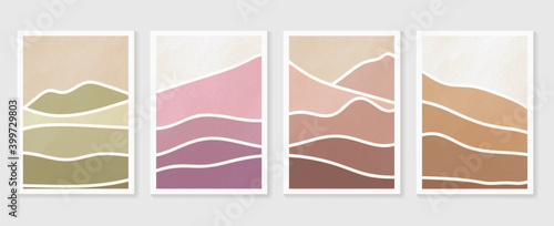 Mountain wall art vector set. Earth tones landscapes backgrounds set with moon and sun.  Abstract Arts design for wall framed prints, canvas prints, poster, home decor, cover, wallpaper. 