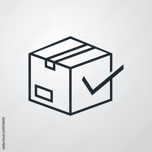 Logotipo aceptar envío. Icono caja de cartón con tilde de casilla de verificación con lineas en fondo gris