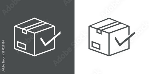 Logotipo aceptar envío. Icono caja de cartón con tilde de casilla de verificación con lineas en fondo gris y fondo blanco
