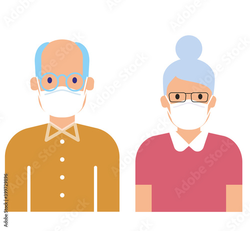 Old man and woman wearing an anti virus protection mask to prevent others from corona COVID-19 and SARS cov 2 infection. 