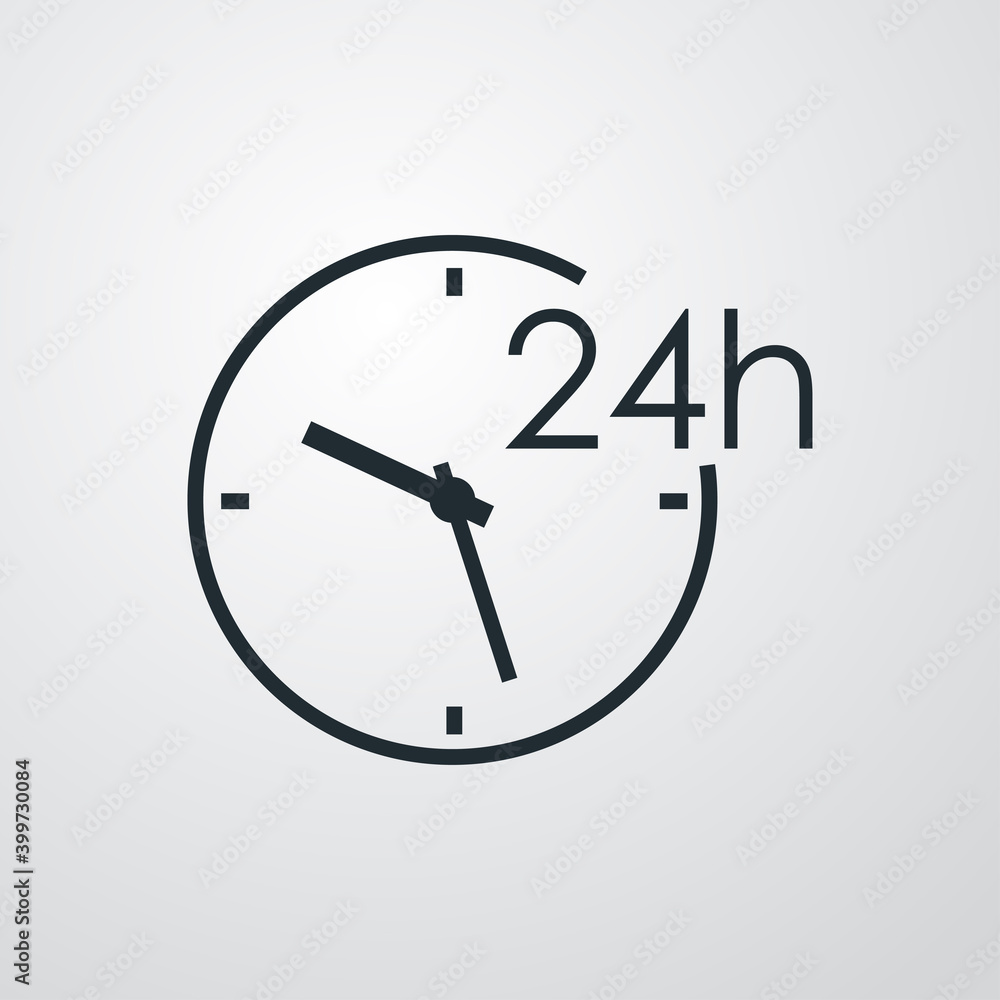 Icono de tiempo. Servicio de entrega. Tiempo de trabajo. Logotipo con reloj simple y 24 h con lineas en fondo gris Icono de tiempo. Servicio de entrega. Tiempo de trabajo. Logotipo con reloj simple y 24 h con lineas en fondo gris