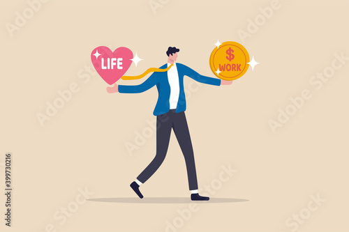 Work life balance, choose between spend your time with family and yourself or hard work to make money concept, confuse businessman with big coin with the word work and life heart shape in other hand.