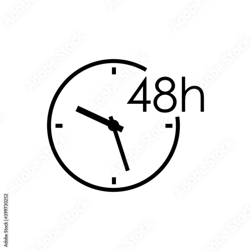 Icono de tiempo. Servicio de entrega. Tiempo de trabajo. Logotipo con reloj simple y 48 h con lineas en color negro
