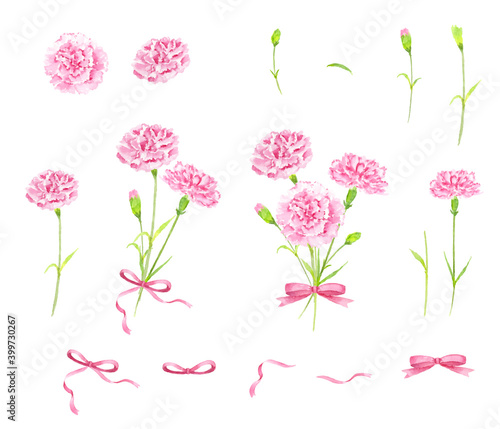 カーネーションの花束　水彩イラスト　パーツセット
