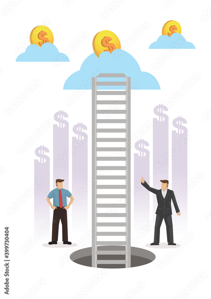 Businessman on the journey up the ladder to a cloud with coins. Concept of challenge or opportunity. Businessman on the journey up the ladder to a cloud with coins. Concept of challenge or opportunity.