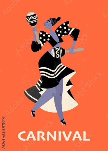 Girl with maracas on a red background. Carnival flyer