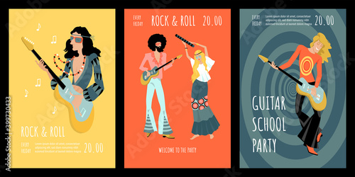 Set of vector banners or flyers for a party in a retro style. Rock and roll music party. School of playing the guitar.