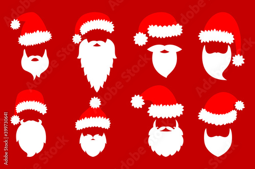 Santa Claus hat and beard. Vector illustration. Happy Holidays