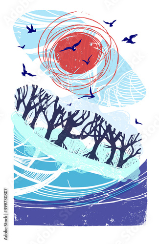 Linocut images of an winter landscape. Image of nature. Image of colorful nature with trees, birds and sun. Vector image of nature. Landscape  winterimage.