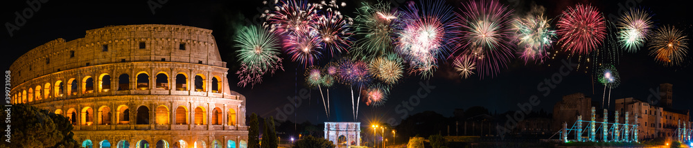 Fireworks display near Colosseum in Rome, Italy