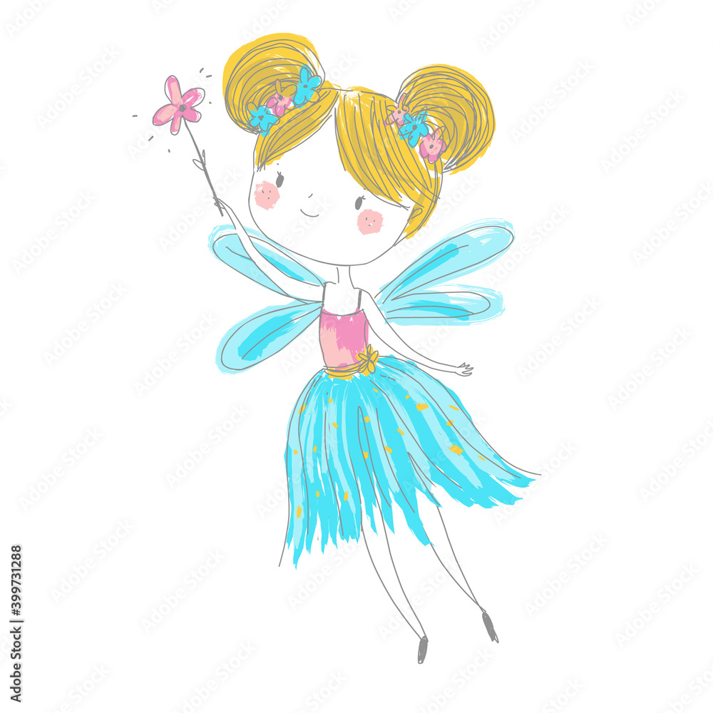 Cute fairy. Cartoon fantasy fairy princess flapping magic wand. Pixie, elf girl in hand drawn style Cute fairy. Cartoon fantasy fairy princess flapping magic wand. Pixie, elf girl in hand drawn style