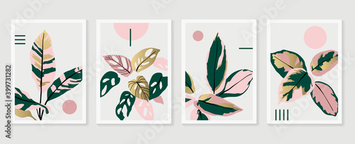 Botanical and gold abstract wall arts vector collection.  Golden and luxury pattern design with leaves line arts, Hand draw Organic shape design for wall framed prints, canvas prints, poster, home dec