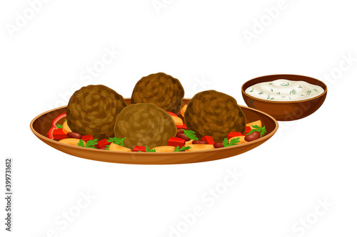 Meatballs with Vegetables Served with Sour Cream Sauce as Syrian Cuisine Dish Vector Illustration