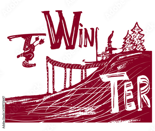 drawing picture two men athletes on the mountain jumping from a springboard on skis, lettering "winter", sketch, hand drawn comic cartoon vector illustration