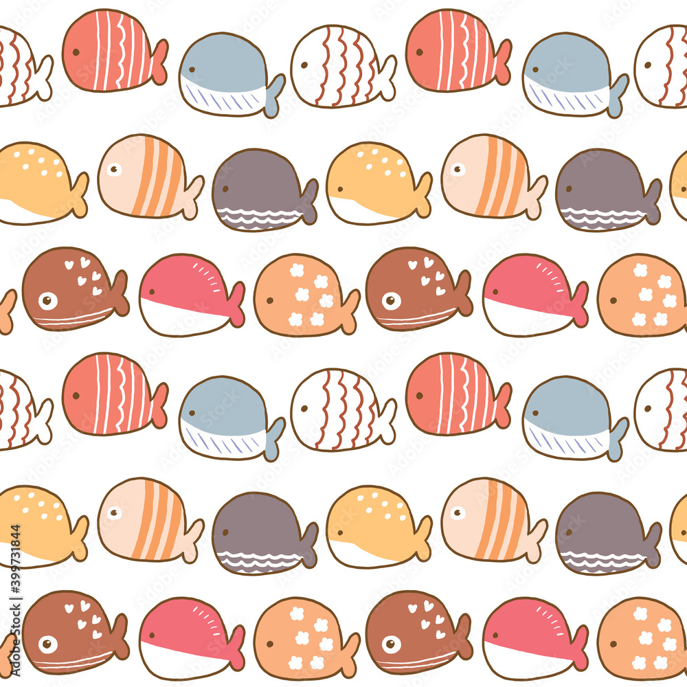 Seamless Pattern with Cartoon Fish  Illustration Design on White Background